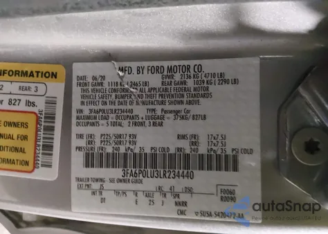 2020 Ford Fusion Hybrid Se z USA, uszkodzony, nr VIN 3FA6P0LU3LR234440